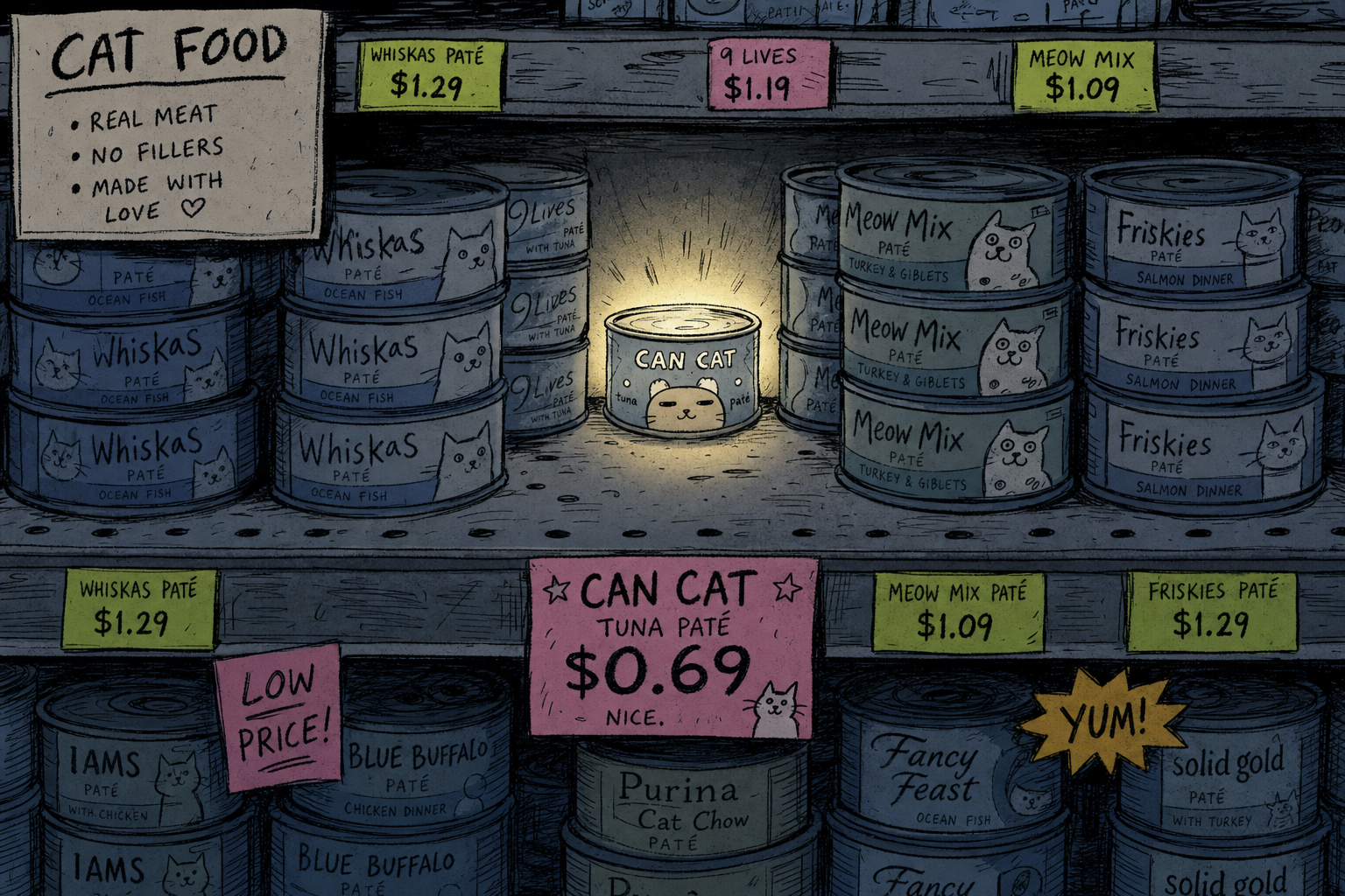 Illustrated supermarket pet food aisle with CANCAT on the back shelf